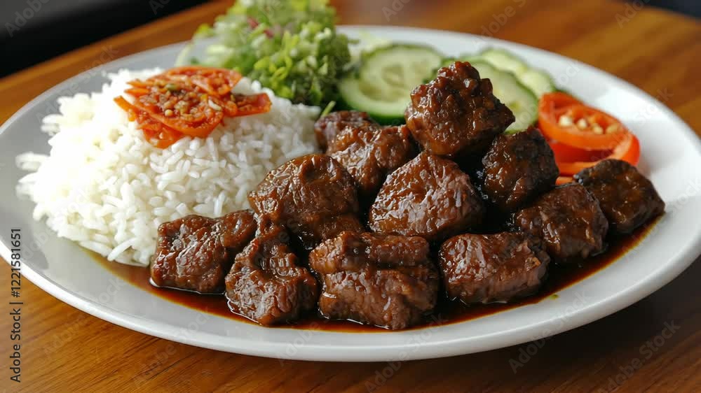 Savoring a delicious plate of stew with rice and fresh vegetables at a local restaurant during lunchtime Savoring a delicious plate of stew with rice and fresh vegetables at a local restaurant during lunchtime