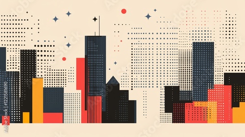 Abstract cityscape illustration with geometric buildings and pastel background.