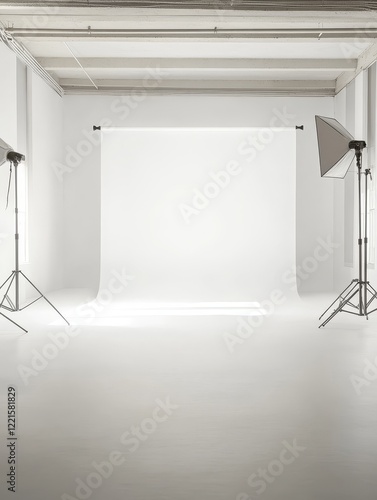 Bright and Spacious Photography Studio Featuring a Plain Backdrop and Multiple Lighting Setups for Creative Projects