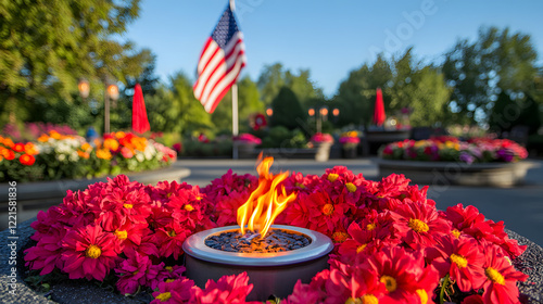 Fire burning in a decorative bowl filled with colorful flowers and foliage photo