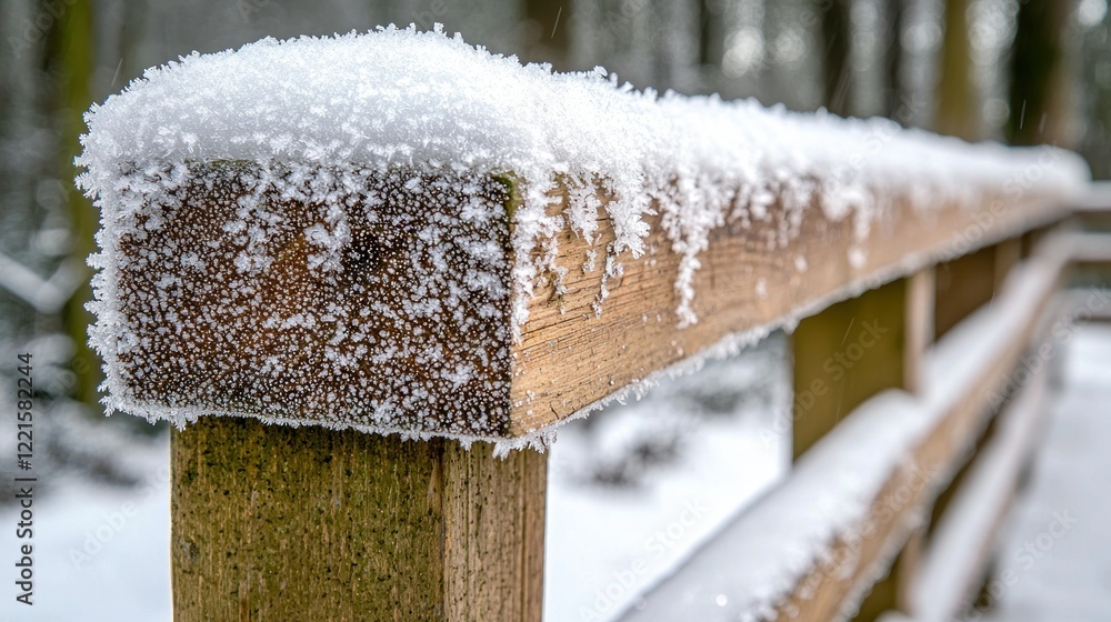 Naklejka premium Snowy wooden bridge rail, winter forest