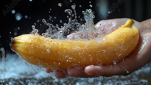 Water splashing on a ripe yellow banana held in a hand.