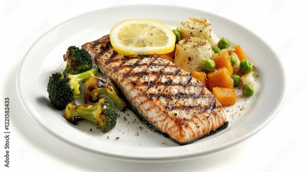 A beautifully plated dish of grilled salmon with steamed vegetables, artfully arranged to emphasize the freshness and nutritional value of the meal, enhancing culinary experiences. A beautifully plated dish of grilled salmon with steamed vegetables, artfully arranged to emphasize the freshness and nutritional value of the meal, enhancing culinary experiences.