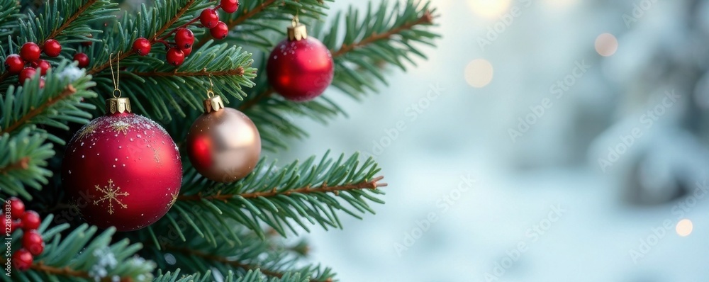 Green evergreen branch adorned with red and white ornaments and bright red berries, holiday, Christmas decorations, winter Green evergreen branch adorned with red and white ornaments and bright red berries, holiday, Christmas decorations, winter