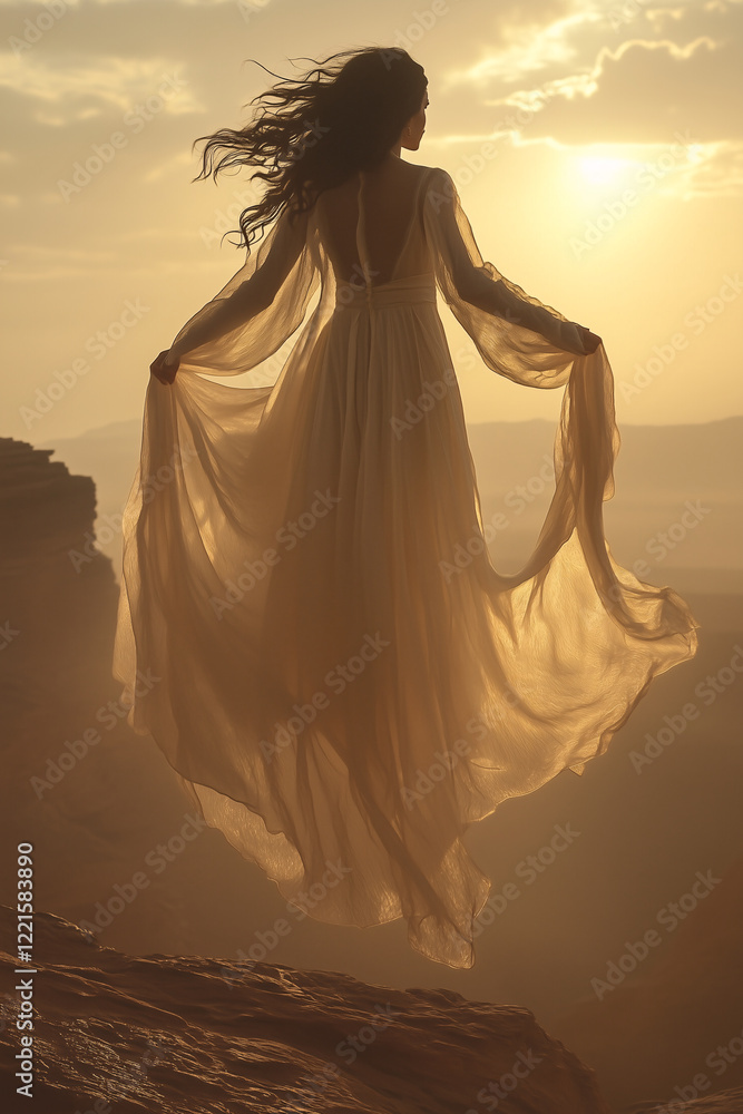 A woman in a flowing gown stands gracefully at the edge of a desert cliff, bathed in golden sunlight at sunset. A woman in a flowing gown stands gracefully at the edge of a desert cliff, bathed in golden sunlight at sunset.