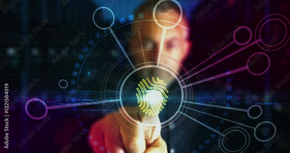 Fingerprint biometric identification access security symbol digital abstract 3d concept. Finger touch screen. Cyber technology and network background. Man pushes computer display. Fingerprint biometric identification access security symbol digital abstract 3d concept. Finger touch screen. Cyber technology and network background. Man pushes computer display.