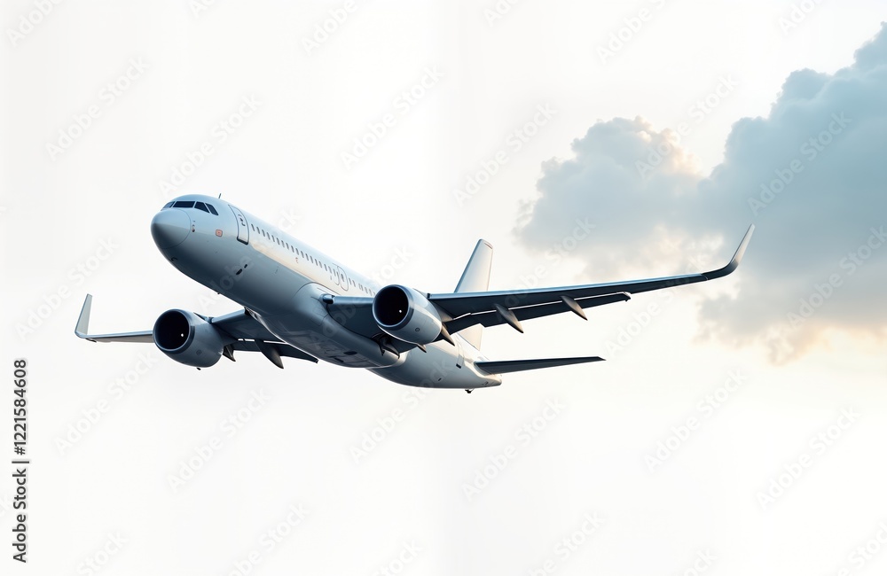 Obraz premium White passenger jet ascends in sky. Dramatic clouds form backdrop. Isolated plane in mid-air. Air travel concept. Modern transportation technology. Commercial aircraft in flight. Business travel.