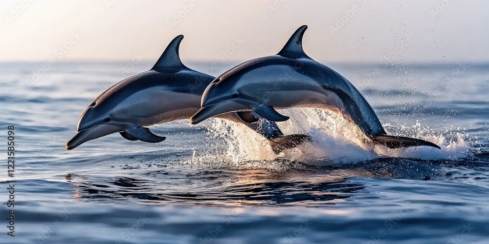 Fototapeta premium A pair of dolphins leaping joyfully out of the water at sunrise, their sleek forms creating perfect arcs