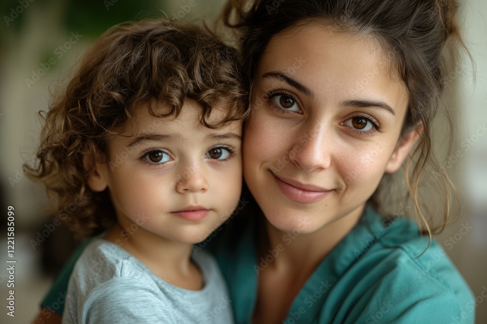 A young mother lovingly embraces her toddler, both gazing directly at the camera with warm smiles. A young mother lovingly embraces her toddler, both gazing directly at the camera with warm smiles.