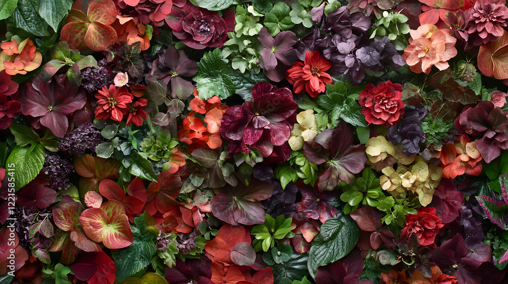 Wall of vibrant red flowers surrounded by lush green leaves in a natural setting Wall of vibrant red flowers surrounded by lush green leaves in a natural setting