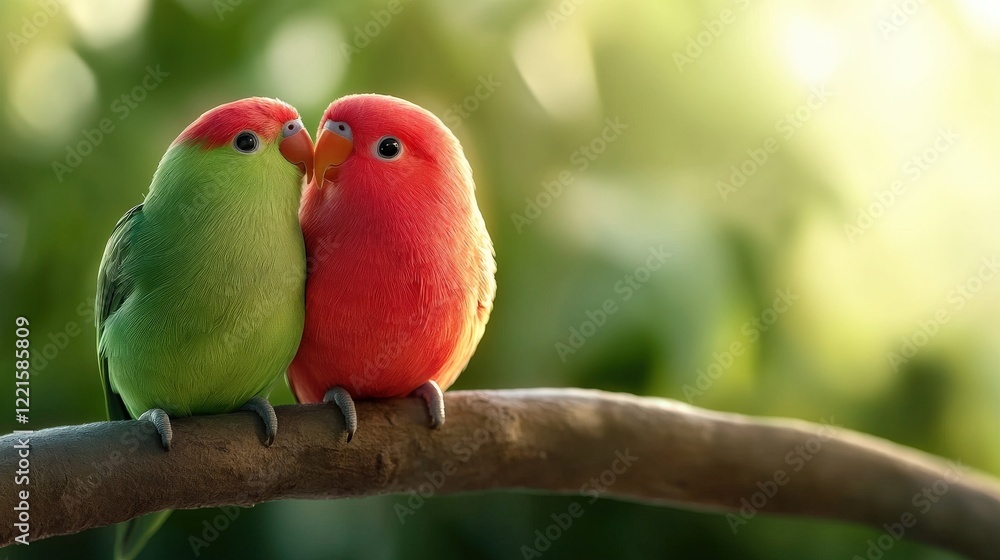 A pair of lovebirds perched on a branch, their vibrant plumage glowing under sunlight A pair of lovebirds perched on a branch, their vibrant plumage glowing under sunlight
