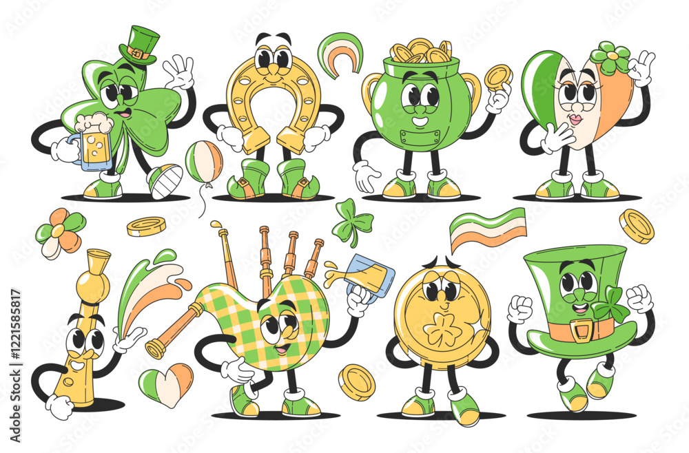 Obraz premium Happy saint Patrick day symbolic characters, traditional holiday mascot, festive elements set