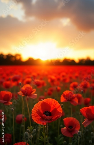 Vast red poppy field glows under summer sunset in Europe. Beautiful flowers bloom brightly against backdrop of warm sky, trees. Sunlight illuminates field creating vibrant scene. Natural landscape photo