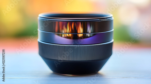 Close up of a camera lens placed on a wooden table with natural lighting and a blurred background