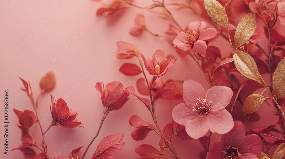 Fototapeta premium Valentine mockup card abstract design. Delicate Pink Flowers on a Soft Pink Background.