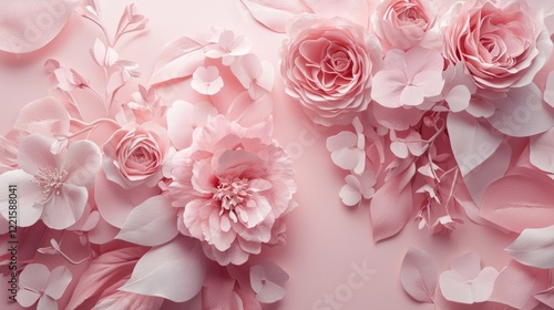 Valentine mockup card abstract design. Delicate Pink Paper Flowers, Artistic Floral Arrangement.