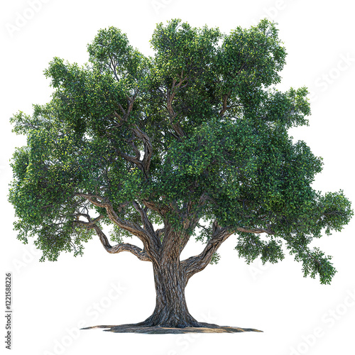 A tall oak tree with wide branches and lush green leaves standing majestically in nature
