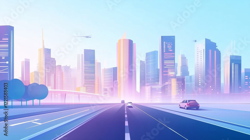 Modern City Skyline at Sunrise with Highway and Cars