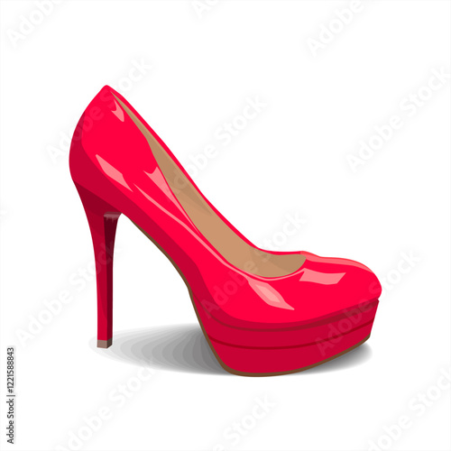 Pink high heel shoe fashion female style. Womens high heel footwear. Woman heel emoji, cartoon sticker, sketch. Sale banner template. Female shoes, patent leather. Vector illustration EPS 10