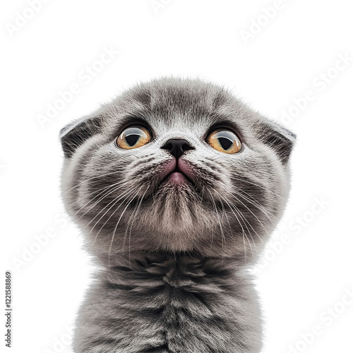 A tiny wide-eyed Scottish Fold kitten sitting curiously with soft fur and folded ears  
