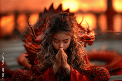 Serene Girl in Red, Meditating with a Dragon at Sunset: A Cultural and Spiritual Journey photo