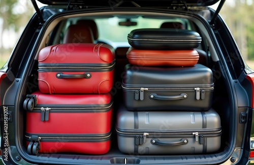 Car trunk loaded with suitcases for travel. Many colorful suitcases stacked high. Trip preparation for summer vacation. Family road trip adventure. Lots of baggage ready for journey. Vehicle full. photo