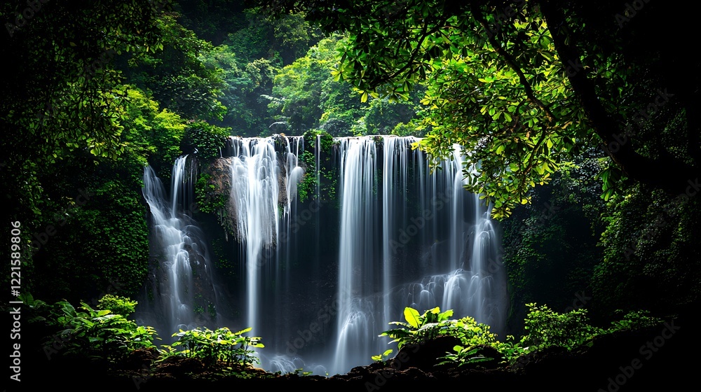 Obraz premium Lush jungle waterfall, cascading water, serene nature, vibrant greenery, tranquil background