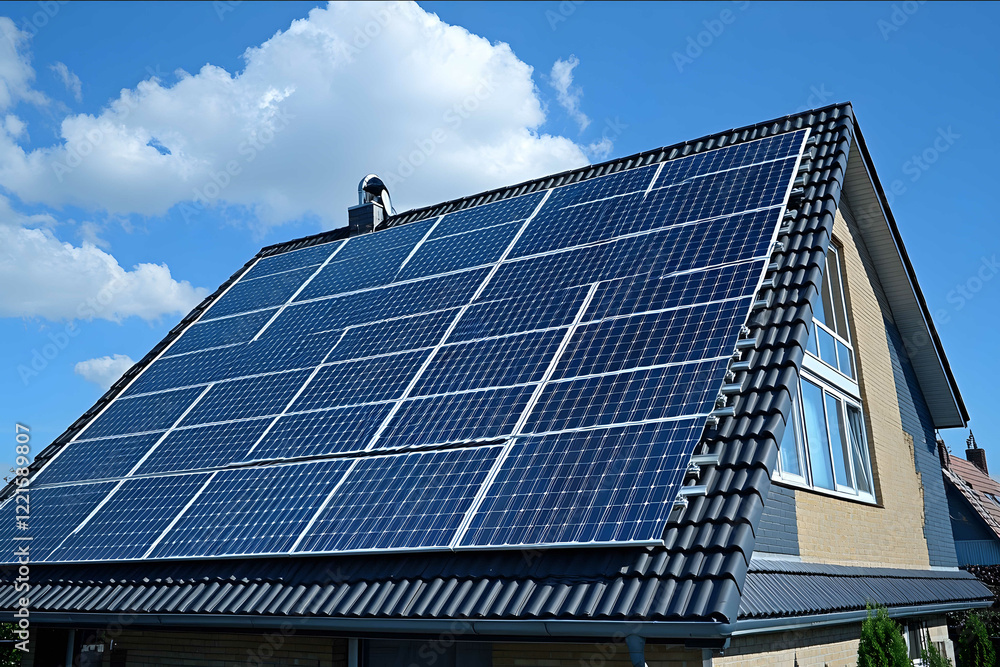 A handyman installing solar panels on the rooftop A handyman installing solar panels on the rooftop