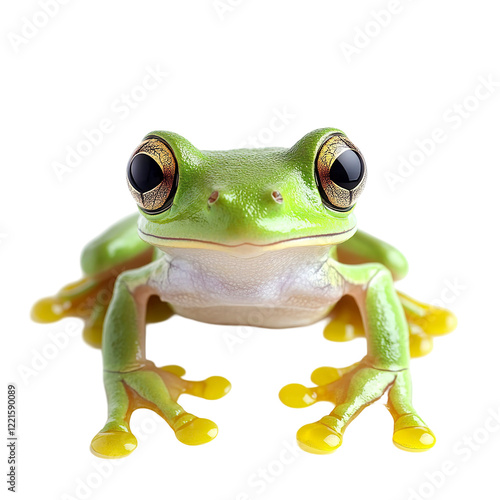 A vibrant green tree frog with large eyes and sticky toes, perched on a tropical leaf