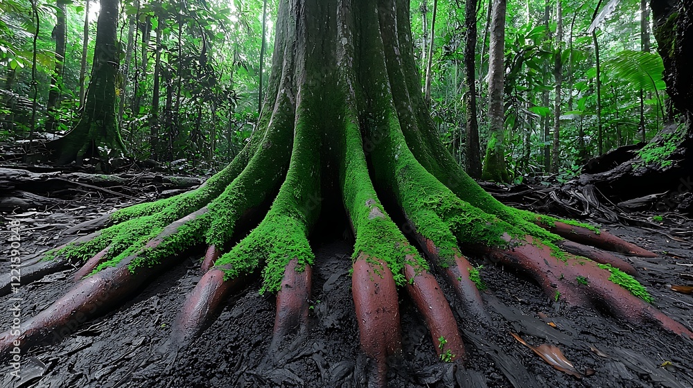 Fototapeta premium Lush rainforest, giant tree roots, mossy base, background greenery, nature wallpaper