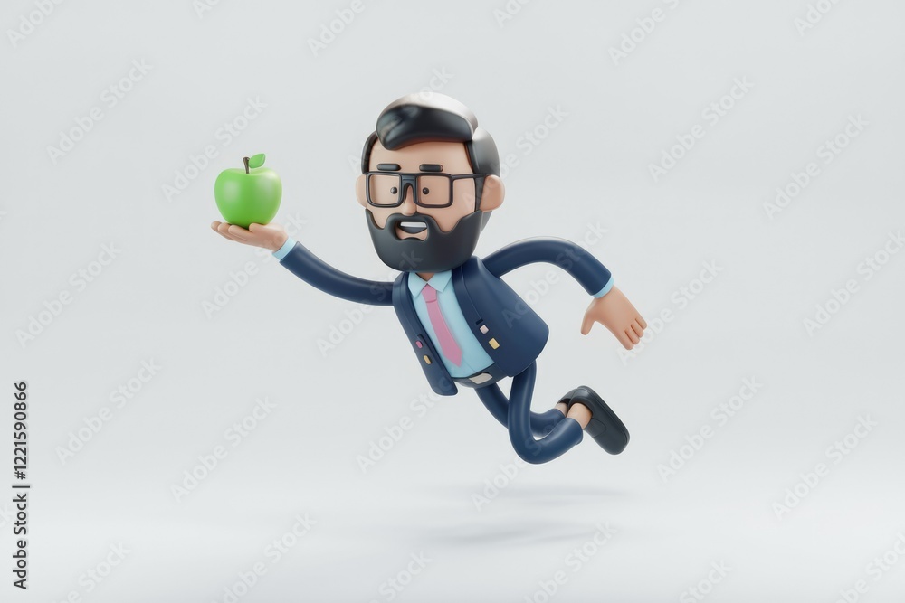 A 3D cartoon businessman joyfully leaps, holding a green apple, symbolizing health and success. A 3D cartoon businessman joyfully leaps, holding a green apple, symbolizing health and success.