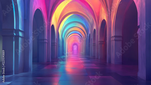 Stunning and visually captivating image of a long symmetrical corridor filled with a breathtaking array of rainbow colored lighting and arched architecture. Luminous Arch. Illustration photo