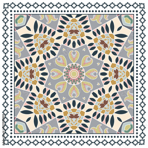 Decorative doodle ornament, symmetric pattern with lace frame. Tribal ethnic mandala decor. Bandana shawl, hijab, tablecloth fabric print, silk neck scarf, kerchief design. Colorful vector background