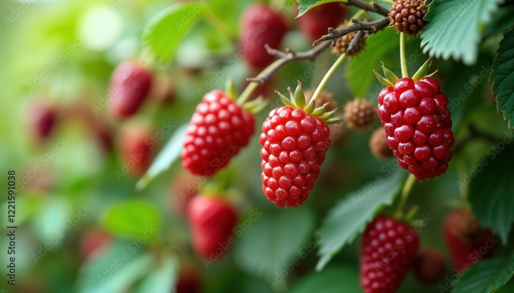 Ripe red berries hang from rich green bush. Fresh raspberries, berries visible. Natural light highlights juicy fruits. Healthy summer produce in garden setting. Close up view textures, vibrant Ripe red berries hang from rich green bush. Fresh raspberries, berries visible. Natural light highlights juicy fruits. Healthy summer produce in garden setting. Close up view textures, vibrant