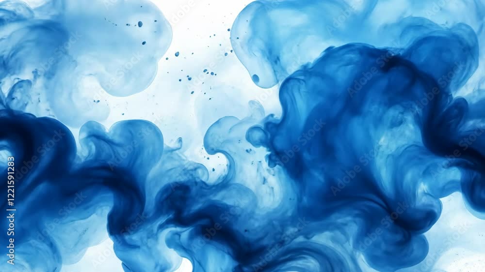 Swirling blue ink clouds create an abstract pattern against a white background in this artistic display of movement and color Swirling blue ink clouds create an abstract pattern against a white background in this artistic display of movement and color