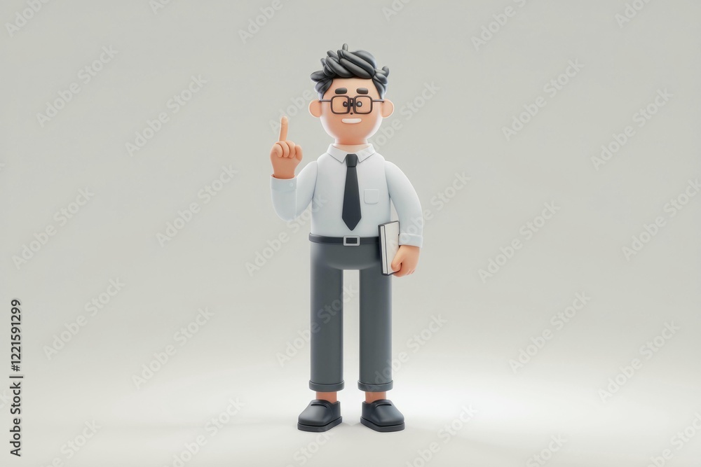 A 3D cartoon businessman with glasses, holding a book and pointing upwards, suggesting an idea. A 3D cartoon businessman with glasses, holding a book and pointing upwards, suggesting an idea.
