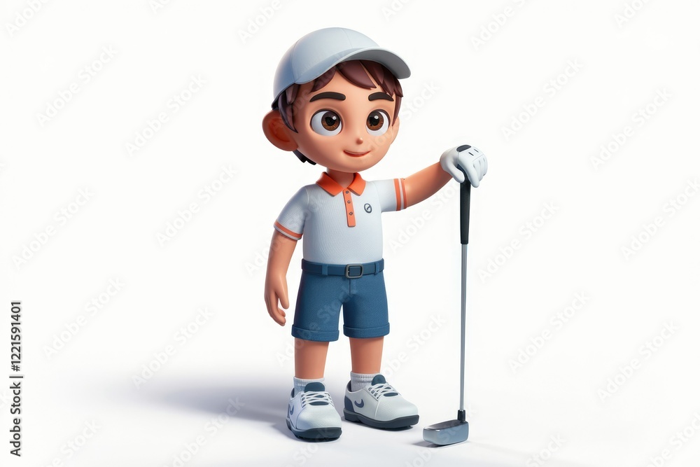 A cute cartoon boy golfer stands proudly holding his golf club, ready to play. A cute cartoon boy golfer stands proudly holding his golf club, ready to play.