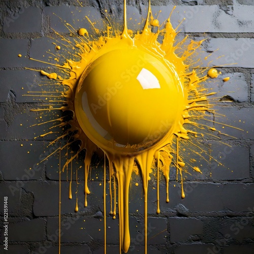 Ein gelber Farbballen gegen eine Wand geworfen, verspritzt die gelbe Farbe in alle Richtungen