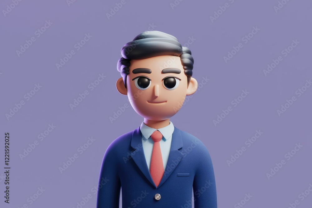 A 3D rendered cartoon of a smiling businessman in a blue suit and red tie, against a purple background. A 3D rendered cartoon of a smiling businessman in a blue suit and red tie, against a purple background.
