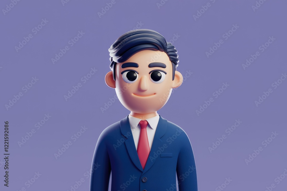 A friendly 3D cartoon businessman in a blue suit and red tie, smiling gently against a purple background. A friendly 3D cartoon businessman in a blue suit and red tie, smiling gently against a purple background.