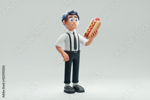 A 3D cartoon man in formal wear happily holds a hot dog, looking pleased. photo