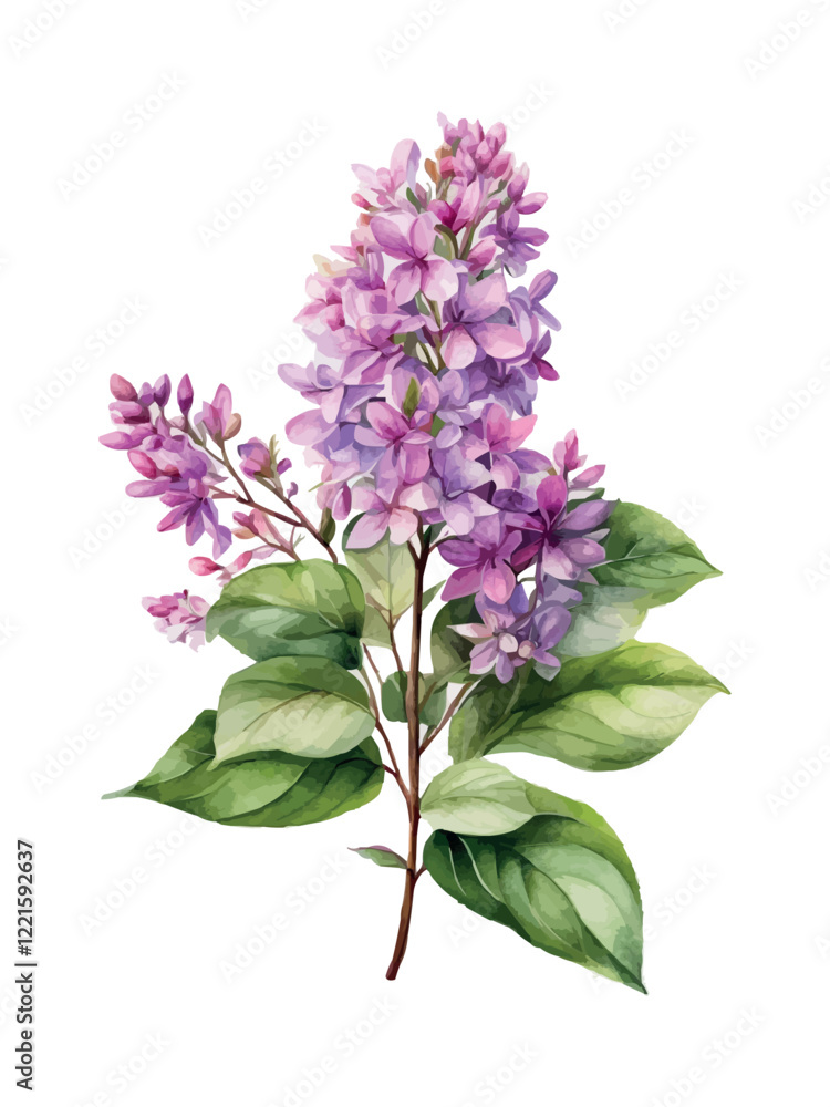 Fototapeta premium Watercolor branch of lilac, symbol of love, wedding, purity, vector illustration.