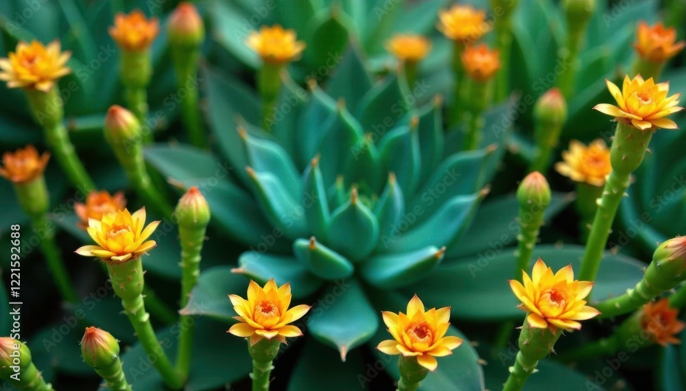 Green succulent leaves with yellow and orange flowers on long stems, flowers, cacti Green succulent leaves with yellow and orange flowers on long stems, flowers, cacti