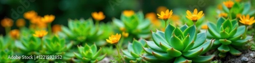 Green succulent leaves with yellow and orange flowers on long stems, garden, greenery, landscape