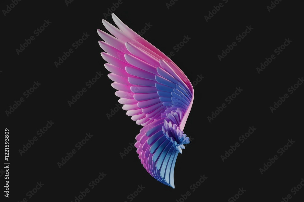 Fototapeta premium Abstract 3D rendering of a single, stylized wing in vibrant pink and blue hues against a transparent background.