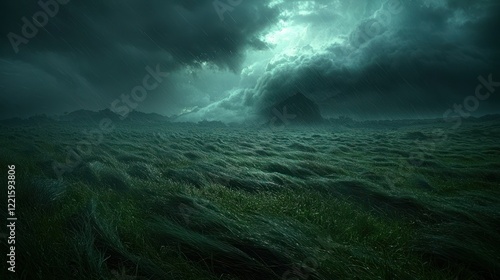 Stormy windswept field, mountain backdrop, Iceland, moody landscape, film