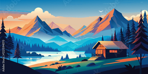 A minimalist flat vector illustration of an idyllic landscape with mountains, a lake and a small hut