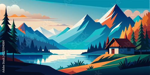 A minimalist flat vector illustration of an idyllic landscape with mountains, a lake and a small hut