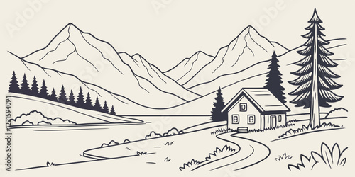 A minimalist flat vector illustration of an idyllic landscape with mountains, a lake and a small hut