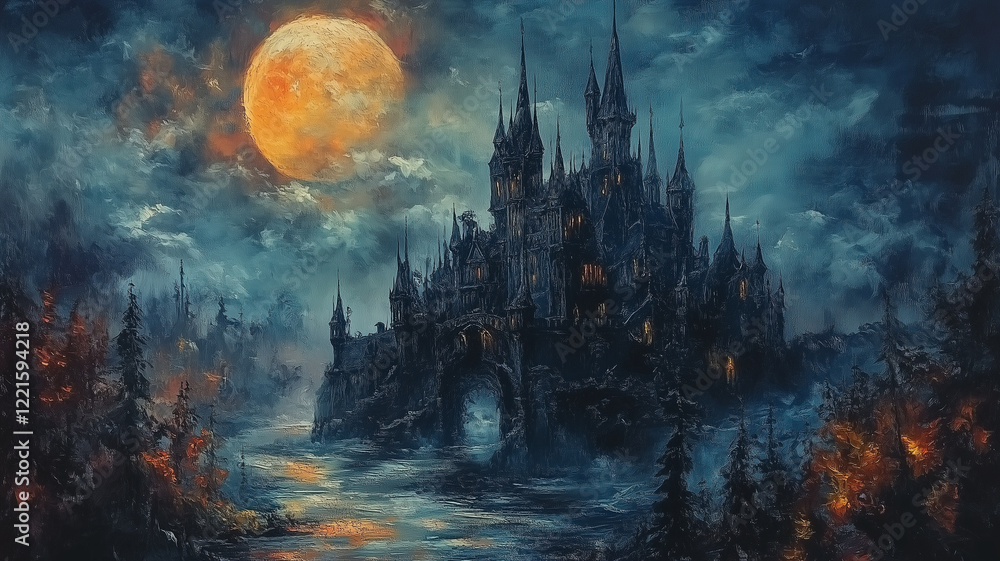 Enigmatic Castle Under a Crimson Moonlit Night Enigmatic Castle Under a Crimson Moonlit Night